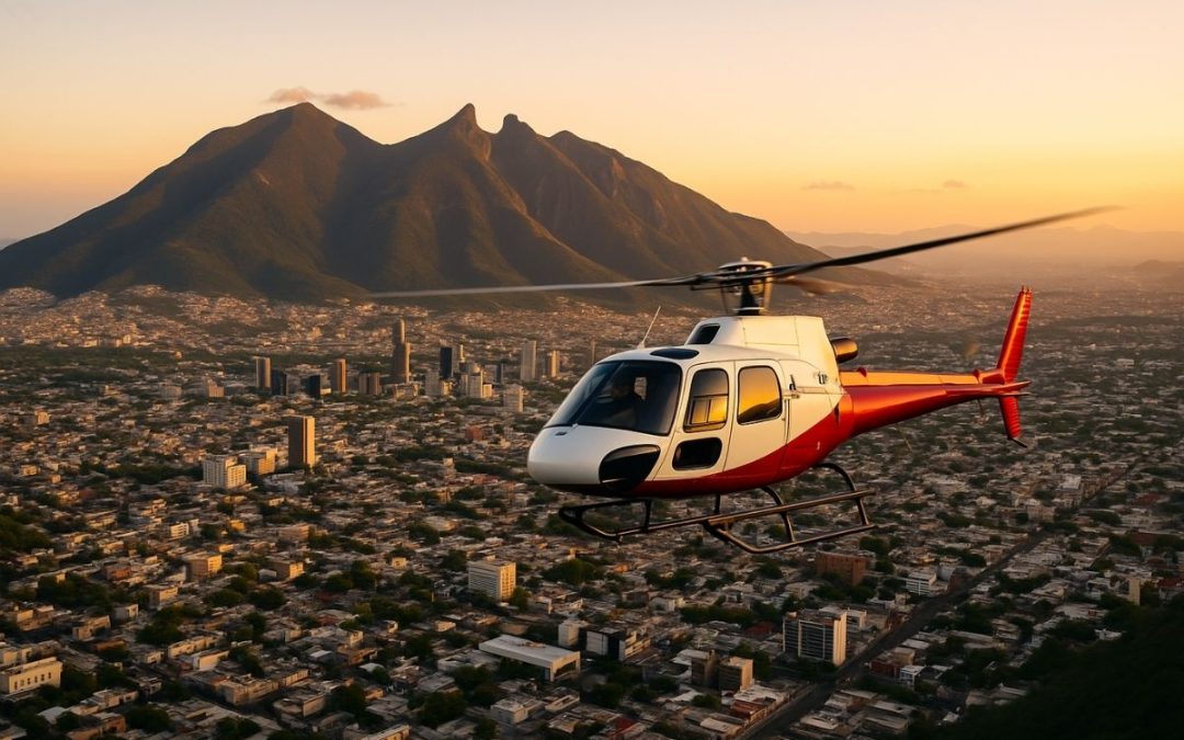 Helicóptero volando sobre Monterrey con vista al Cerro de la Silla al atardecer.