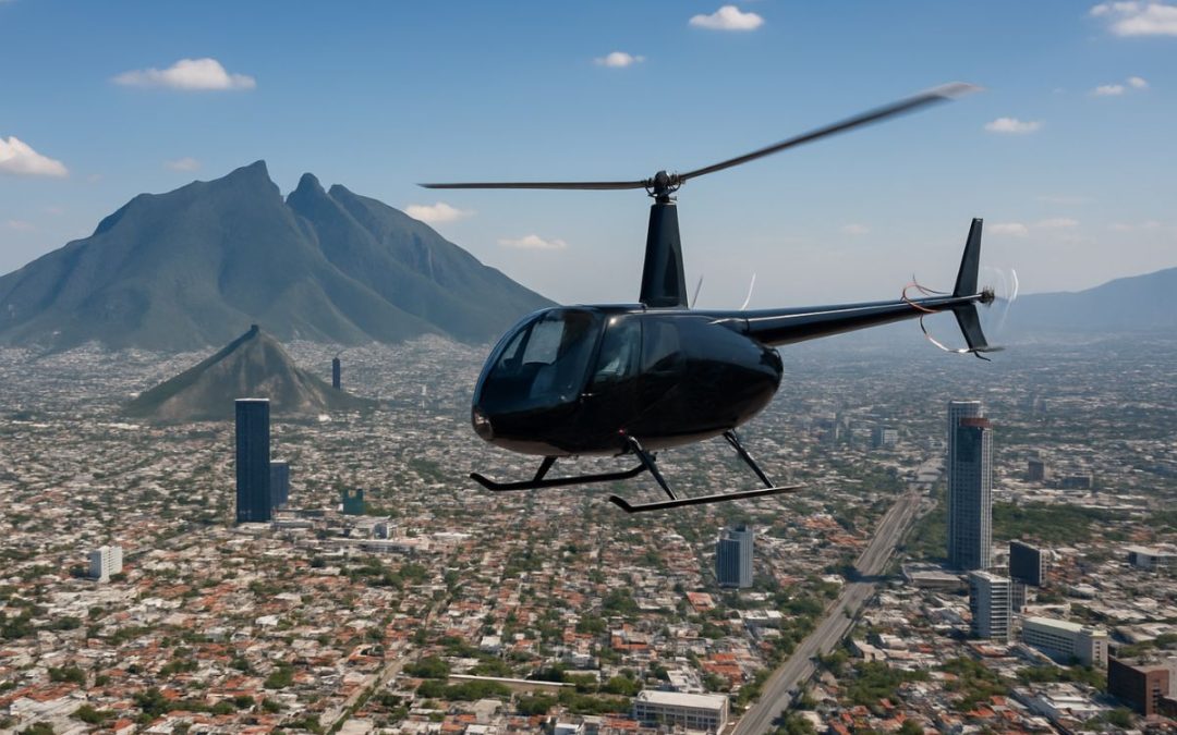 Helicóptero sobrevolando la ciudad de Monterrey con vista al Cerro de la Silla, representando una experiencia turística aérea única.